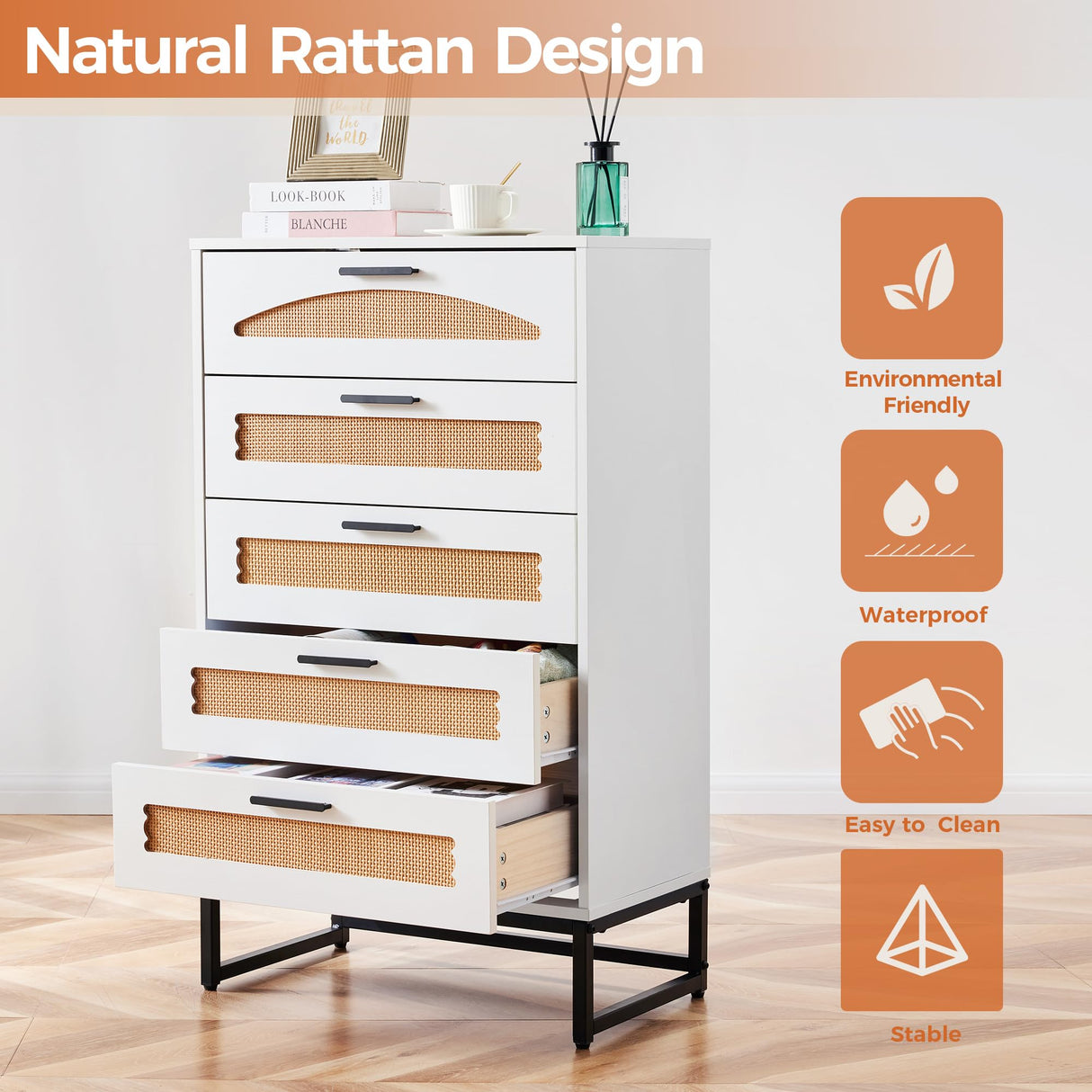 Mericonia 5 Drawer Rattan Dresser for Bedroom, Wood Tall Dresser for Closet with Metal Handles, Boho Nightstand Sets, Dressers & Chests of Drawers for Bedroom, Hallway and Entryway, White Mericonia