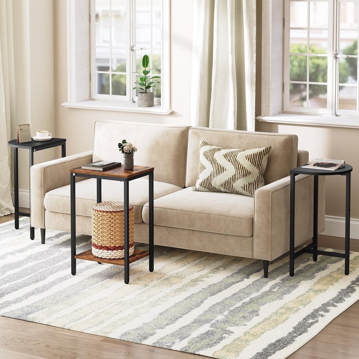 YATINEY Nesting Coffee Tables, End Tables Set of 3, Industrial Small Stacking Side Table, Wooden Nesting Tables, Multiple Combination Options, for Living Room, Office, Rustic Brown and Black ET33BR YATINEY