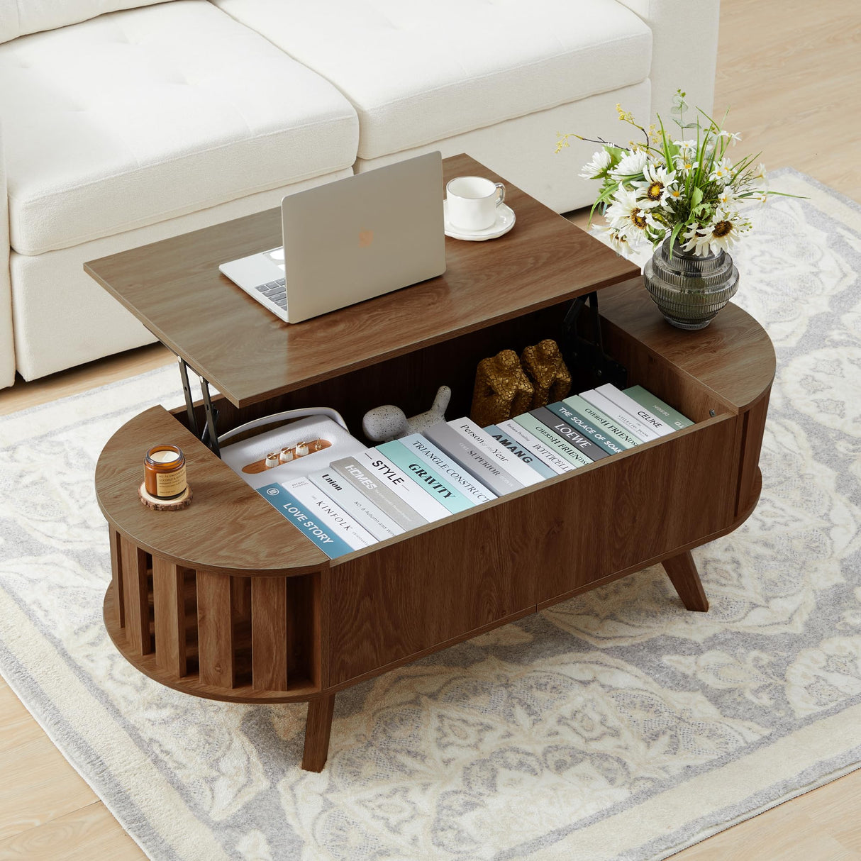 Janmer Home 47.3" Lift Top Coffee Table with Hidden Storage, Small End Table with Curved Edge Design, Oval Center Table with Lift Tabletop for Living Room, Office (Walnut) Janmer Home