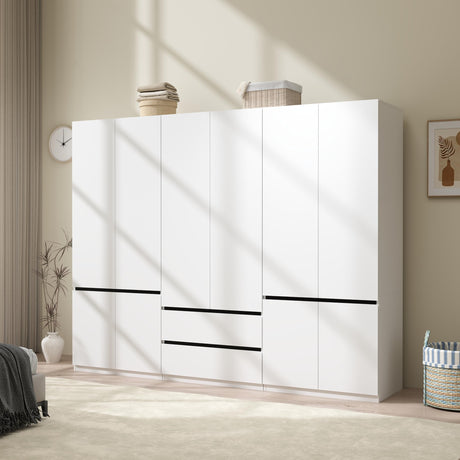 LABROSKIA Wardrobe Closet with 6 Doors: 75" White Armoire with 2 Drawers, Wooden Wardrobe for Hanging Clothes, Tall Storage Cabinet with Shelves and Hanging Rod LABROSKIA