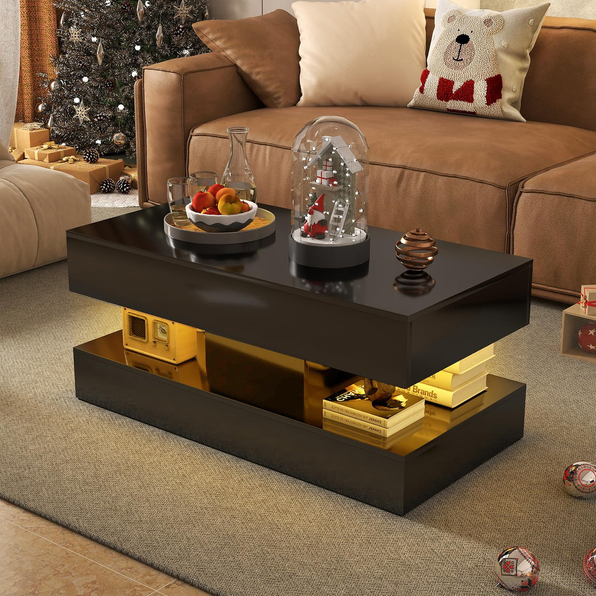 Verano Garden Modern High Gloss LED Coffee Table with Storage, 2-Tier Center Table with Open Display Shelf & 2 Sliding Drawers, Rectangle Coffee Tables for Living Room, Bedroom Verano Garden