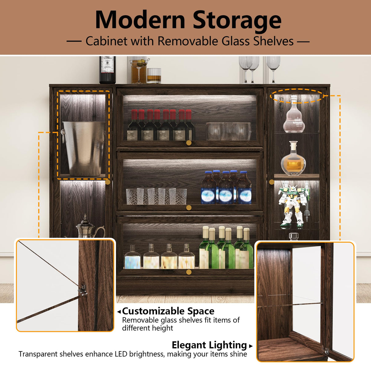 BONITURE Display Cabinet with Acrylic Glass Doors,Extra Wide Curio Cabinet with LED Lighting for Collectibles, Collectibles Toy Organizers Rack & Display Shelf Display Case, Walnut BONITURE