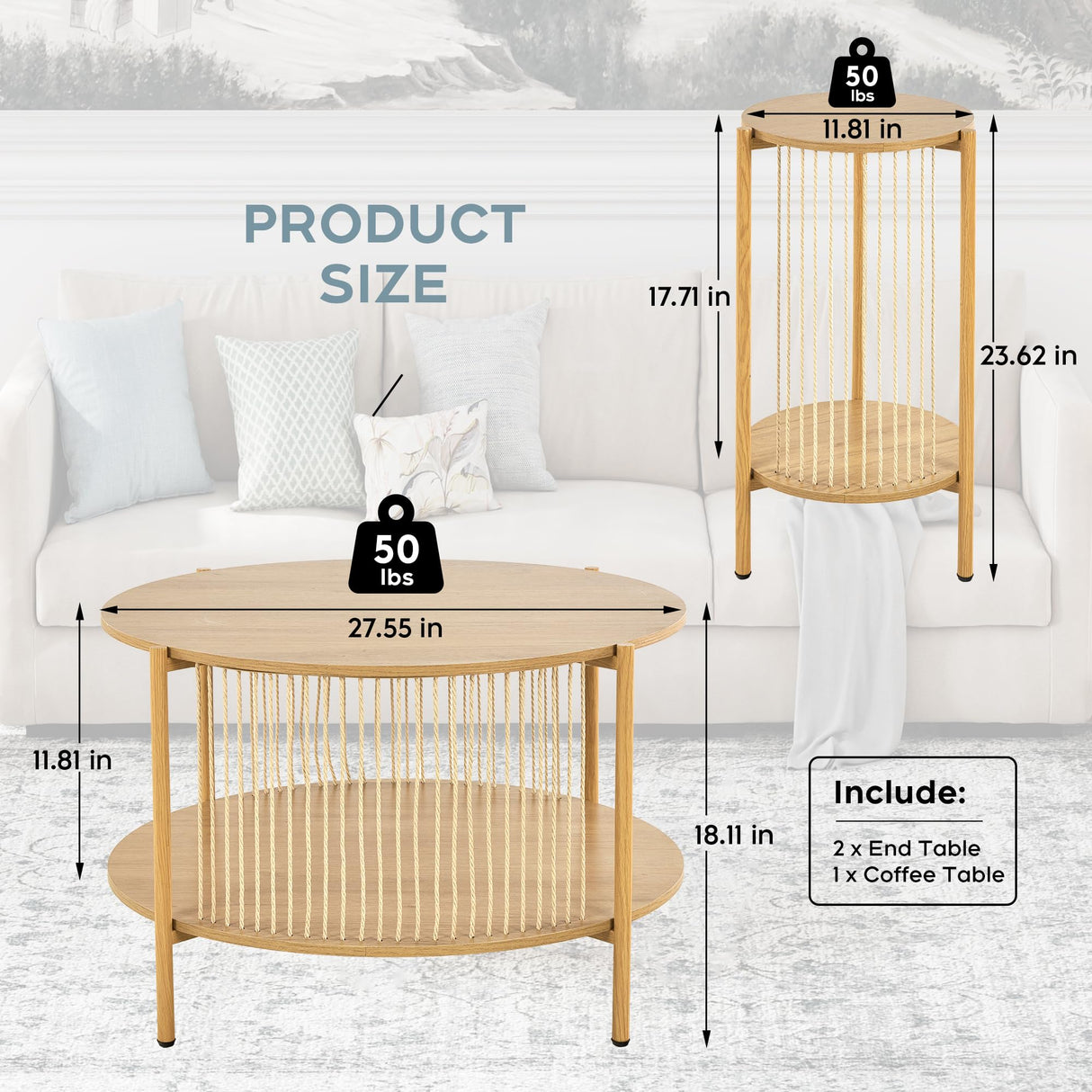 Yechen 3-Piece Boho Coffee Table Set with Hand-Woven Natural Rope, 2 Tier Wooden Round Coffee Table and End Table Sets with Metal Frame, Side Table with Storage for Living Room, Bedroom Yechen