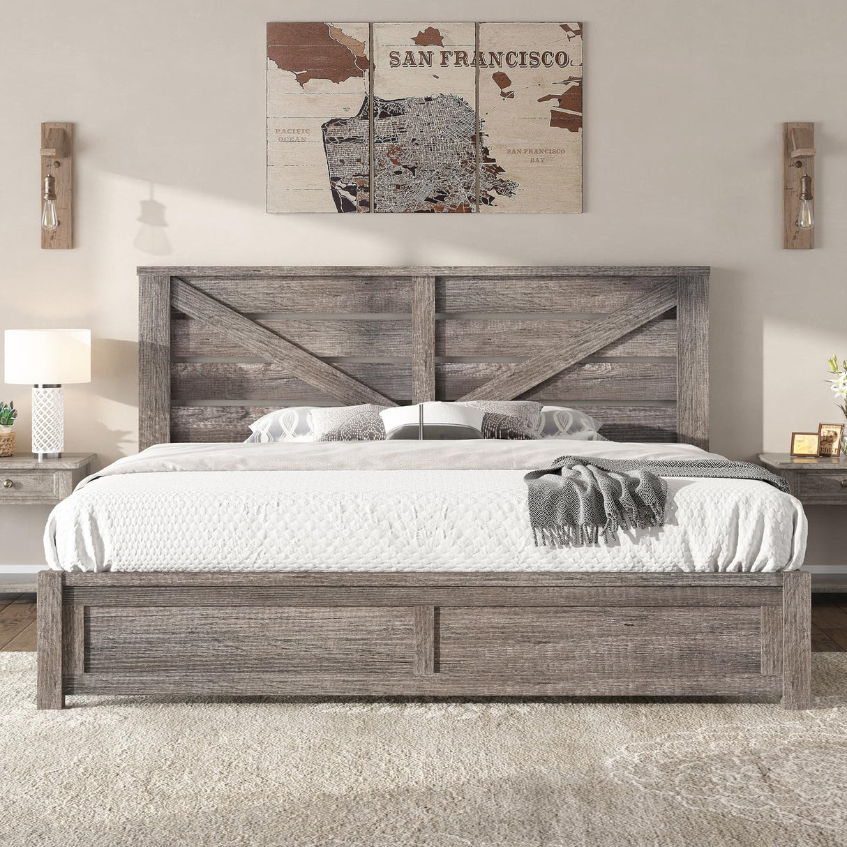 AMERLIFE King Size Farmhouse Bed Frame with 49.2" Barn Door Headboard, Platform Bed Frame with Wood Slats, Under Bed Storage Space, Easy Assembly, Noisy Free, Rustic Gray AMERLIFE