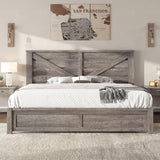 AMERLIFE King Size Farmhouse Bed Frame with 49.2" Barn Door Headboard, Platform Bed Frame with Wood Slats, Under Bed Storage Space, Easy Assembly, Noisy Free, Rustic Gray AMERLIFE
