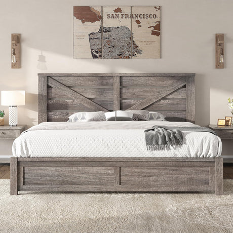 AMERLIFE King Size Farmhouse Bed Frame with 49.2" Barn Door Headboard, Platform Bed Frame with Wood Slats, Under Bed Storage Space, Easy Assembly, Noisy Free, Rustic Gray AMERLIFE