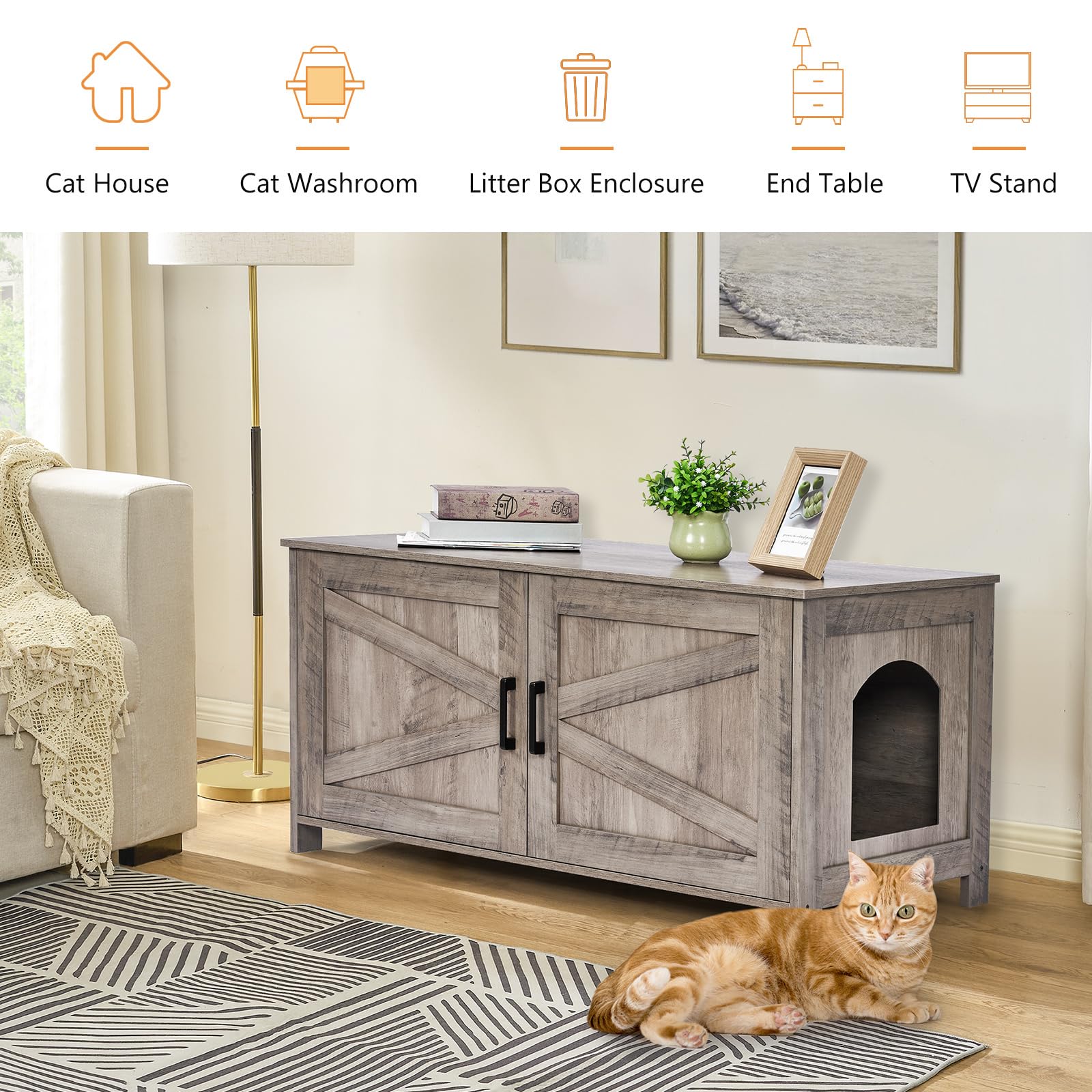 Homhedy 39.4" L Cat Litter Box Enclosure,Litter Box Furniture Hidden with Barn Door,Wooden Cat Washroom Furniture,Cat House,Fit Most of Litter Box, Greige - WoodArtSupply