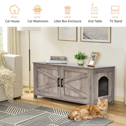 Homhedy 39.4" L Cat Litter Box Enclosure,Litter Box Furniture Hidden with Barn Door,Wooden Cat Washroom Furniture,Cat House,Fit Most of Litter Box, Greige - WoodArtSupply