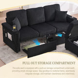 76'' L Shaped Sectional Couches with Storage Ottoman, 3 Seater Corduroy Sofa with 2 Drawers, USB Charger, Cup Holder, Changeable Light and Side Bag for Living Room, Apartment, Small Space, Black Repantes