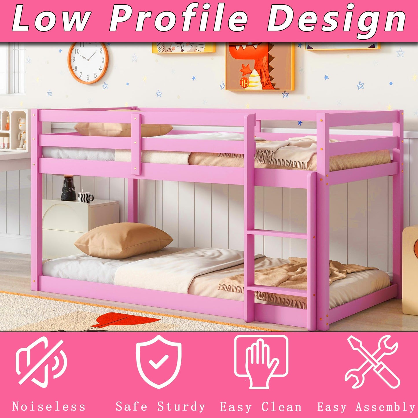 Ochangqi Bunk Beds for Girls,Twin Over Twin,Pine Wood,Easy Assemble,Convertible to Low Profile Loft Bed(Pink)