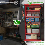 JAORD 71" Metal Storage Cabinet with Wheels and Pegboard, Lockable Rolling Steel Storage Cabinet with 5 Adjustable Shelves and Door for Garage, Office, Kitchen, Assembly Required（Black and red） JAORD