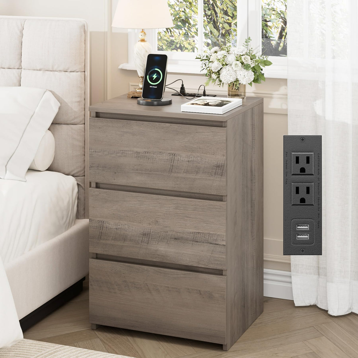 FOTOSOK Nightstand with Charging Station, Vintage Ash Grey Night Stand with USB Ports & Power Outlets, Silent Slides, Wooden End Side Table Bedside Table with 3 Drawers for Bedroom, Ash Grey FOTOSOK