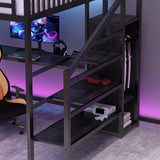 Loft Bed with Desk Queen Size, Gaming Loft Bed with LED Light for Adults, Heavy-duty Loft Beds Frame with Stairs & Wardrobe & Storage Shelves, Bunk Bed with Steps for Teens Boys Girls Room Dorm, Black Mirightone