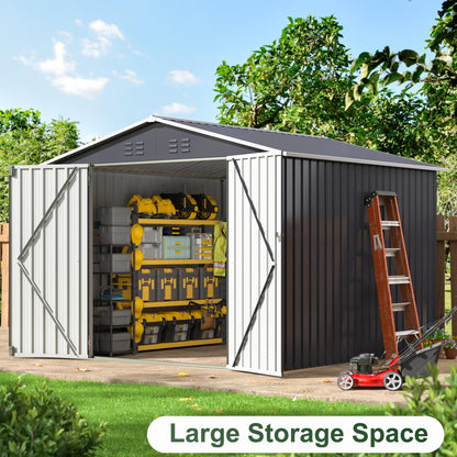 WKM 8x8 FT Outdoor Storage Shed, Utility Metal Tool Storage with Lockable Doors and Updated Frame Structure, Large Metal Garden Shed for Backyard, Patio Lawn, Black - WoodArtSupply