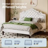 Allewie Queen Bed Frame with Adjustable Velvet Tiara Headboard, Upholstered Diamond Button Tufted Platform Bed, Wood Slats Support, No Box Spring Needed, Mattress Foundation, Easy Assembly, White Allewie