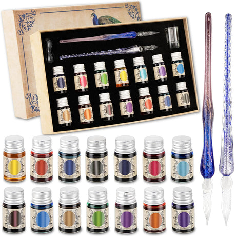 YICMY Calligraphy Pens, Dip Pen Set with 14 Color Inks, Glass Writing Instrument for Beginners YICMY