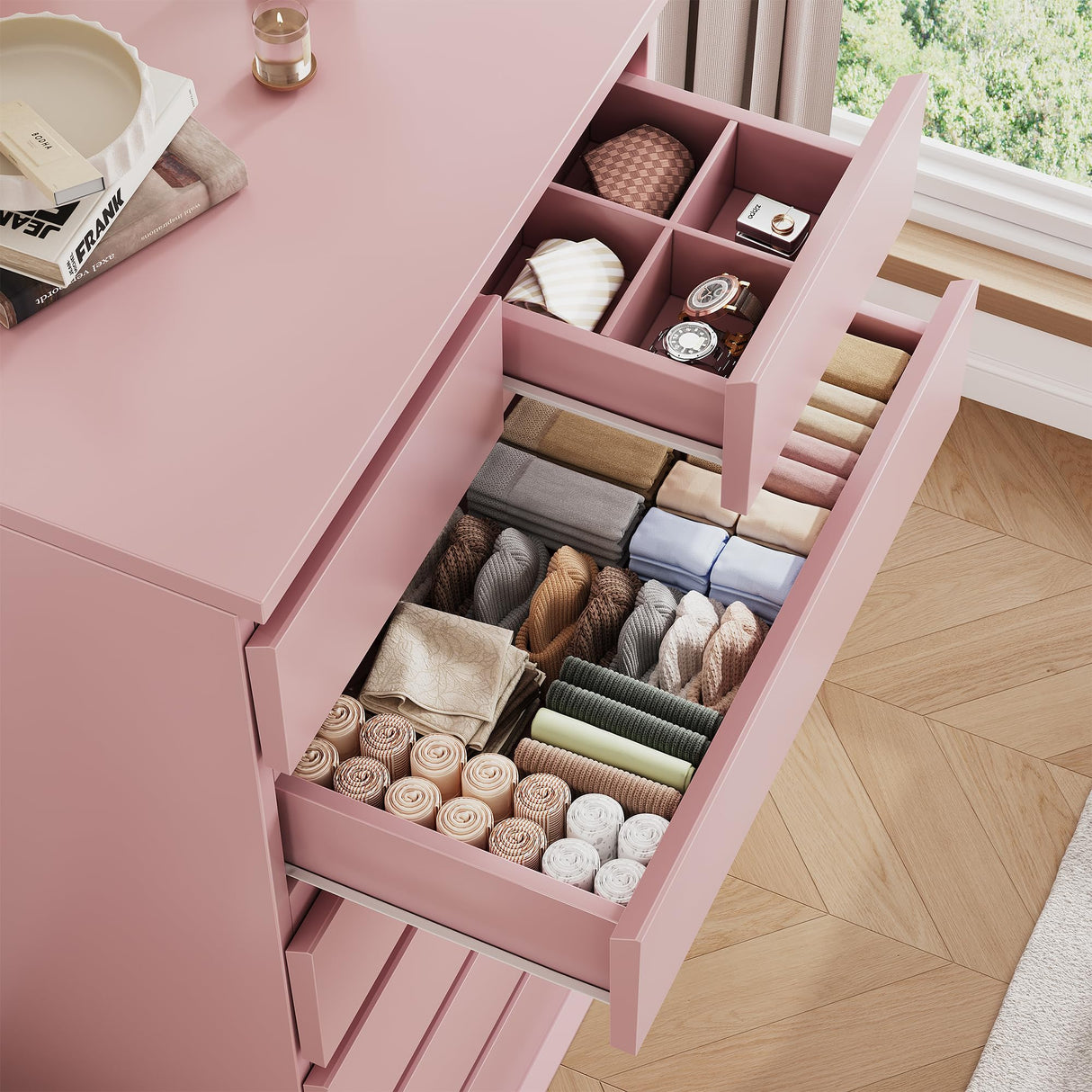 Pink Tall 7 Drawer Dresser for Bedroom, Modern Wood Closet Dressers & Chests of Drawers with Jewelry Storage, 23.6" L*15.8" W*47.5" H in Large Vertical Dresser for Bedroom, Living Room, Nursery Jocoevol