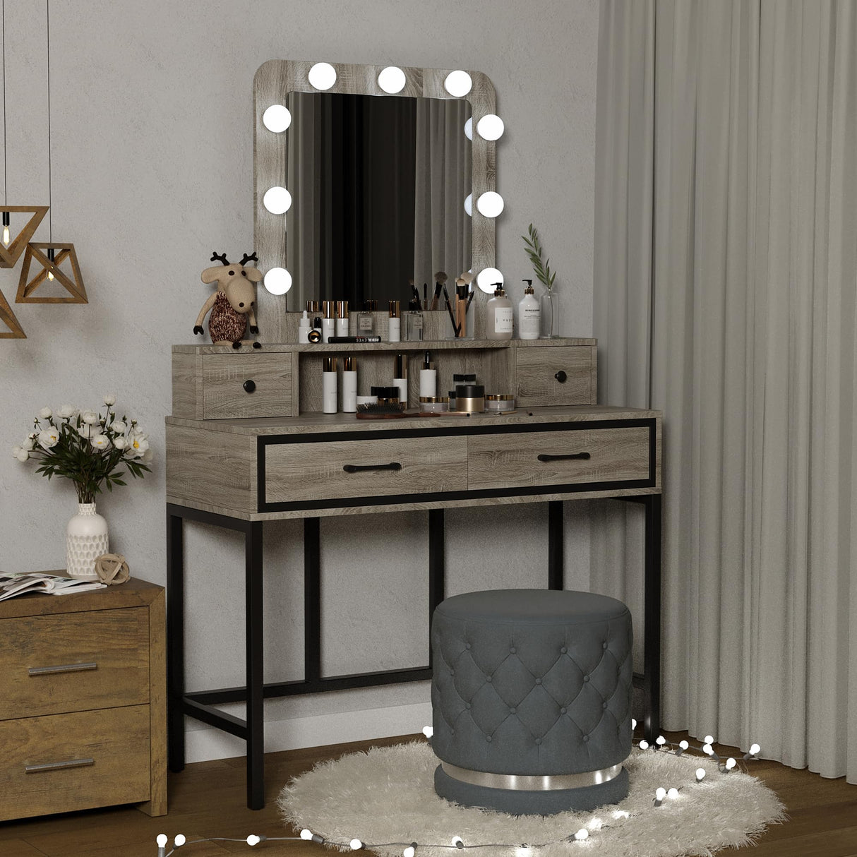 RoyalCraft Vanity, Makeup Vanity Desk with 3 Color Dimmable Lighted Hollywood Mirror, Grey Vanity with 4 Drawers, Large Dressing Table for Women RoyalCraft