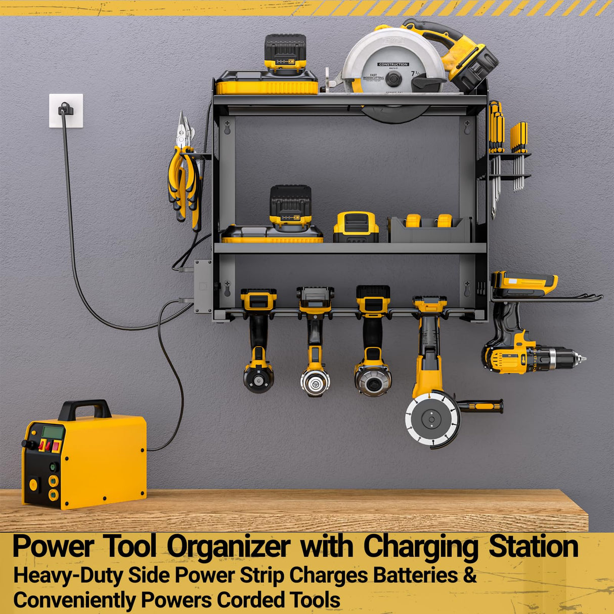 YYR Power Tool Organizer Wall Mount with Charging Station, Cordless Tools Hanger and Battery Storage Rack for Garage Organization, Heavy Duty Drill Holder Shelf Build in Metal Power Strip - Black YYR