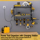 YYR Power Tool Organizer Wall Mount with Charging Station, Cordless Tools Hanger and Battery Storage Rack for Garage Organization, Heavy Duty Drill Holder Shelf Build in Metal Power Strip - Black YYR