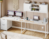 SEDETA White L Shaped Office Desk, Farmhouse Home Office Desk with Fabric File Drawers and Power Outlet, Corner Gaming Desk with LED Lights, Hutch and Storage Shelves SEDETA