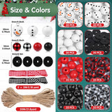 200 Pieces Christmas Wooden Beads for Craft Christmas Buffalo Plaid Round Craft Beads Farmhouse Loose Polished Spacer Beads Winter Snowman Beads with Twine Scarf Wood Beads for DIY Jewelry Décor Lucomb