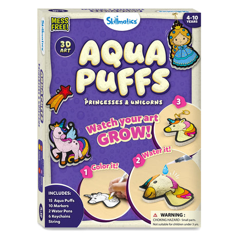 Skillmatics 3D Art Kit - Aqua Puffs Princesses & Unicorns, Mess-Free Paint by Number Craft for Kids, DIY Color & Inflate Activity, Travel & Creative Gift for Girls & Boys Ages 4, 5, 6, 7, 8, 9, 10 Skillmatics