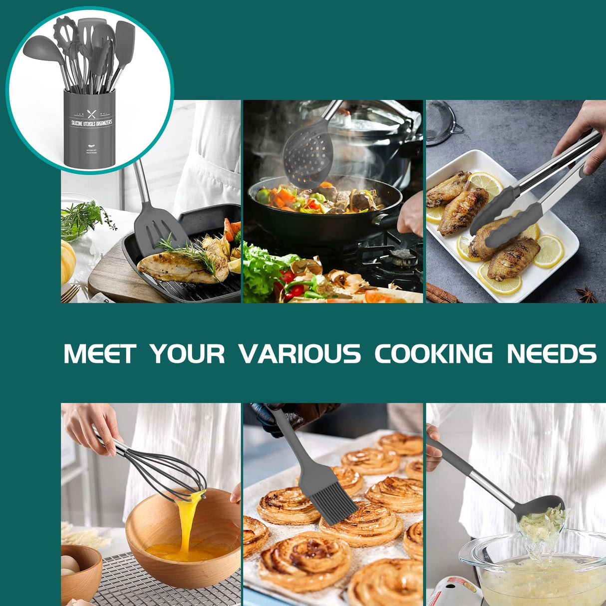 Silicone Cooking Utensil Set,Umite Chef Kitchen Utensils 15pcs Set Non-stick Heat Resistan BPA-Free Stainless Steel Handle Tools Whisk - Grey Umite Chef