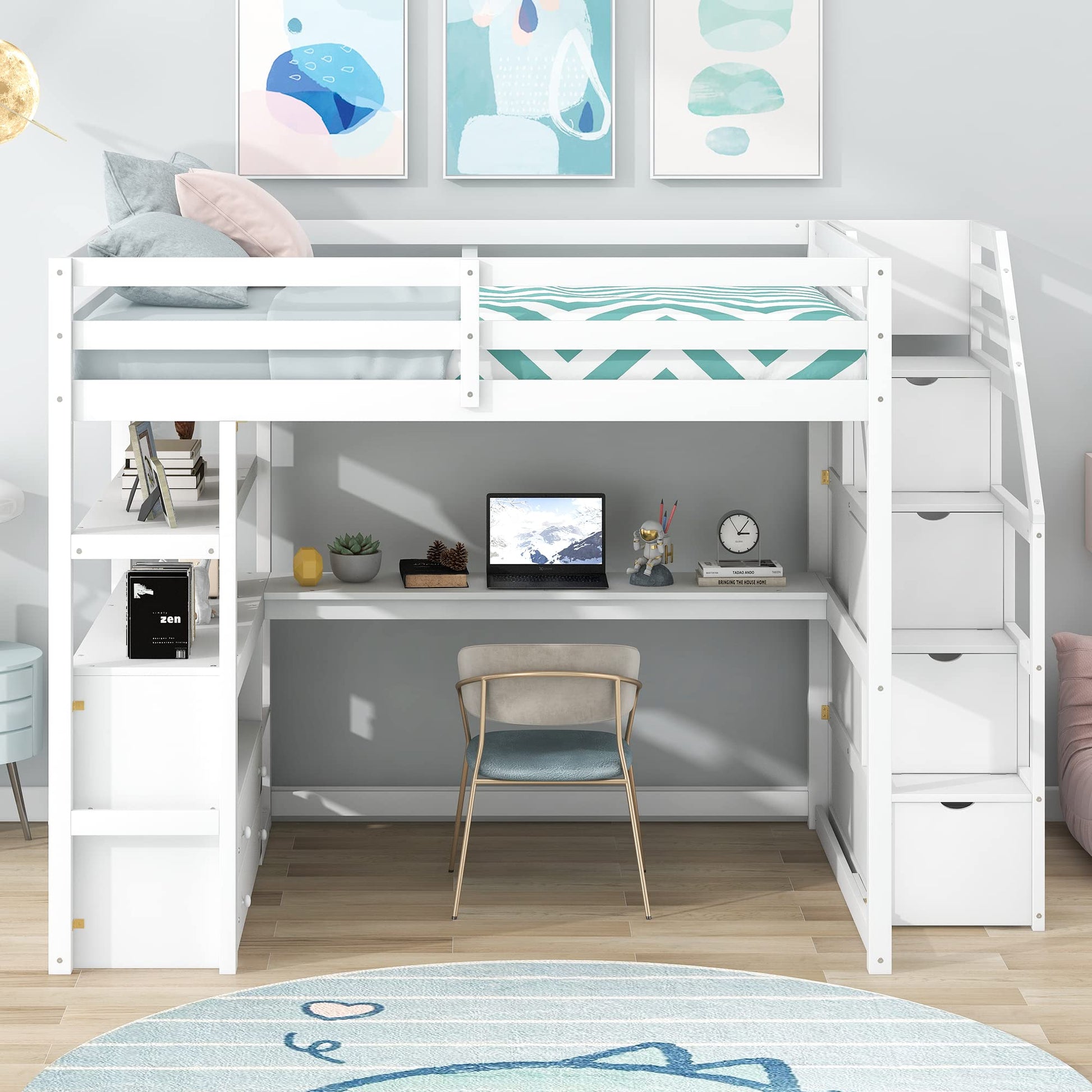 Quarte Modern Full Size Loft Bed with Built-in Desk, Storage Shelves, and Drawers - WoodArtSupply