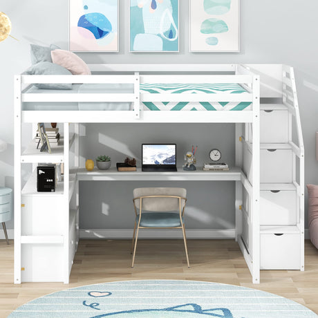Harper & Bright Designs Full Size Loft Bed Frame with Stairs and Desk, Solid Wood Loft Bed with Storage Drawers and Bookshelf for Kids Teens Adults - White Harper & Bright Designs