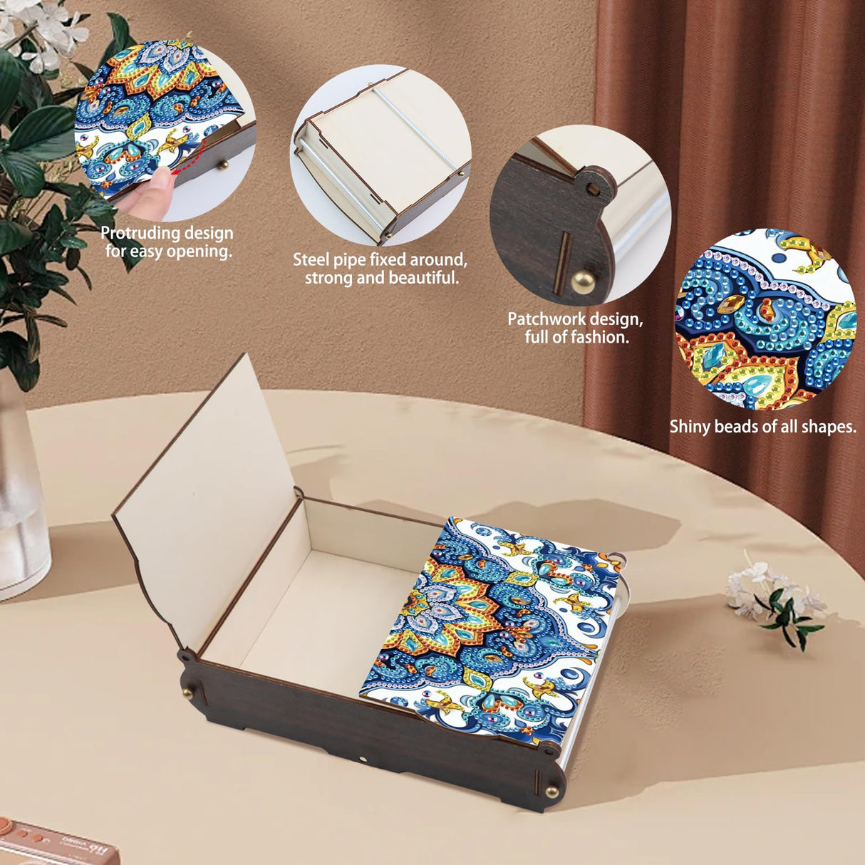 antor DIY Diamond Painting Wooden Storage Box, Floral Geometric Creative Special Shaped Rhinestone Art Flip Cover Jewelry Keepsake Box, Handmade Art Desktop Decorations Gift for Adults antor