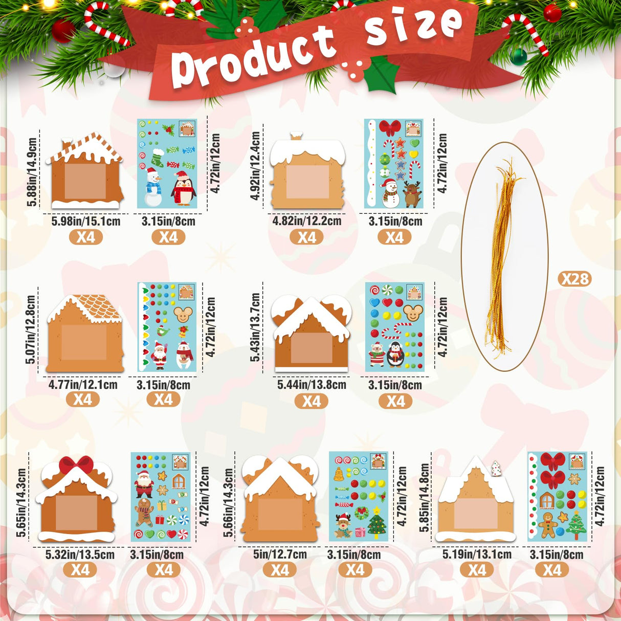 28 Pack Christmas Picture Frame Craft Kits for Kids, Xmas DIY Gingerbread House Candy Photo Craft Christmas Hanging Frame Ornaments for Xmas Tree Holiday Art Decorations Home Class Game Activities GuassLee