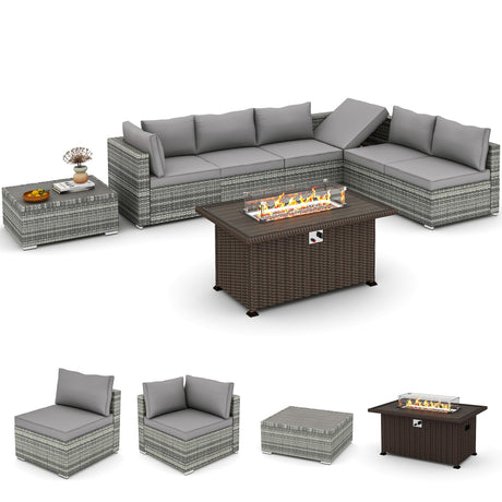 HOMREST 8 Pieces Outdoor Patio Furniture Set with 44" Propane Fire Pit Table, PE Rattan Sectional Sofa Conversation Set w/Adjustable Bracket,Wood Coffee Table for Backyard (Grey) HOMREST