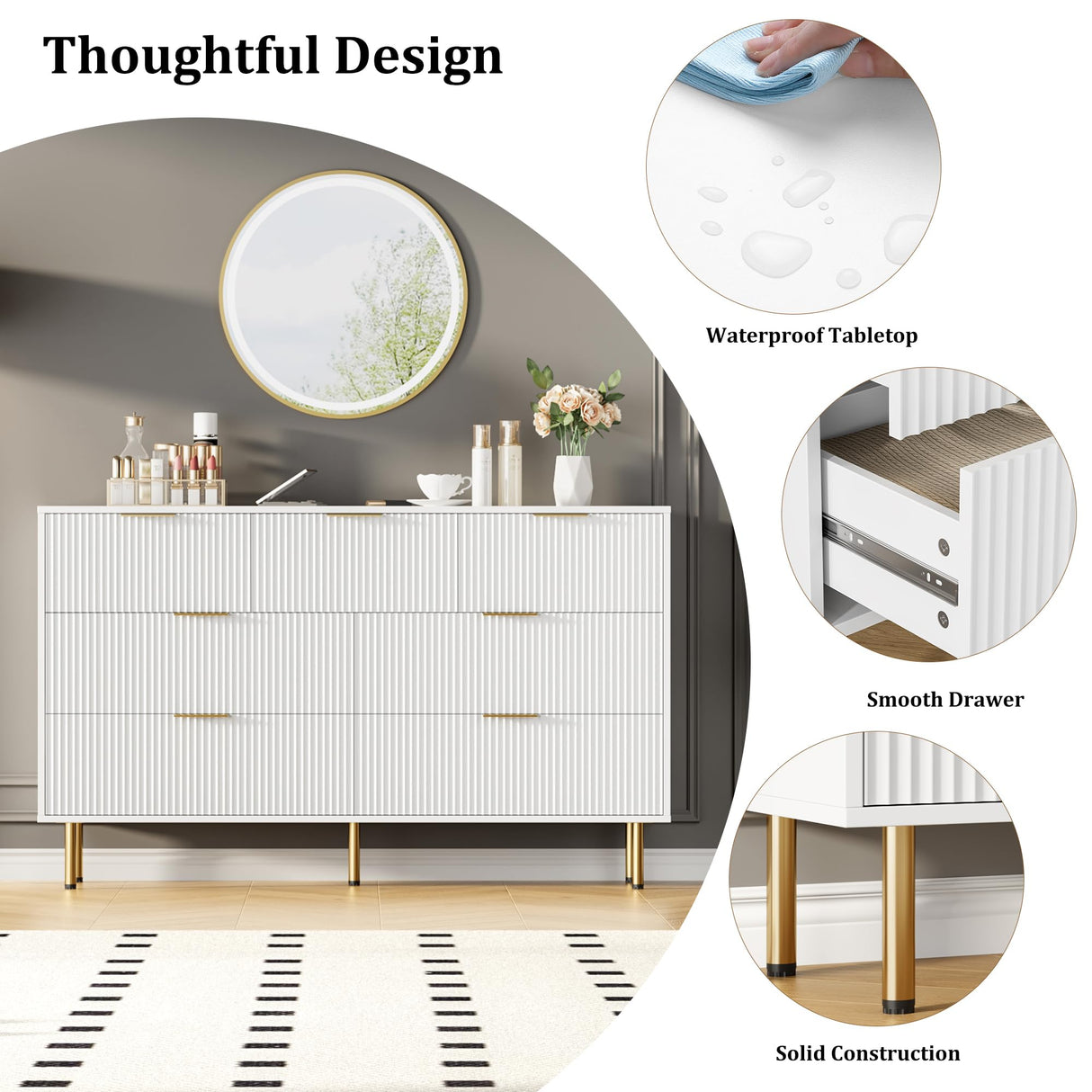 GarveeHome Fluted Wood Dresser 7 Drawers Dresser for Bedroom, Large Modern White Dresser with Gold Handle, Wood Drawer Organizer for Bedroom, Living Room, Hallway, Entryway GarveeHome