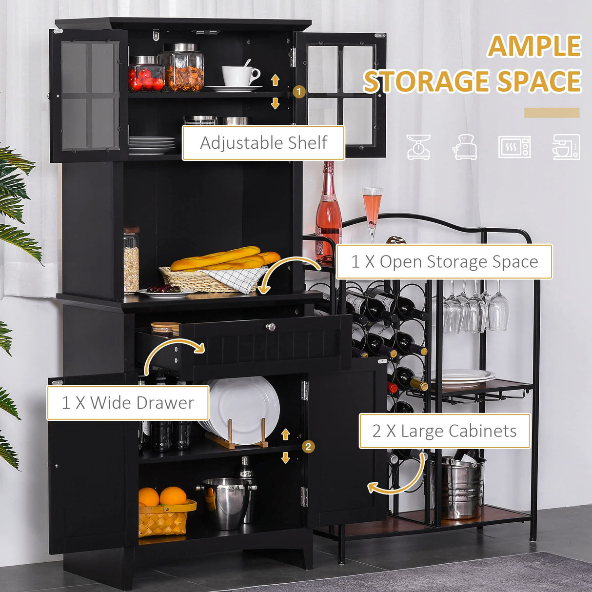 HOMCOM Elegant Buffet with Hutch, Kitchen Pantry Storage Cabinet with Framed Glass Door Drawer and Microwave Space, Black HOMCOM