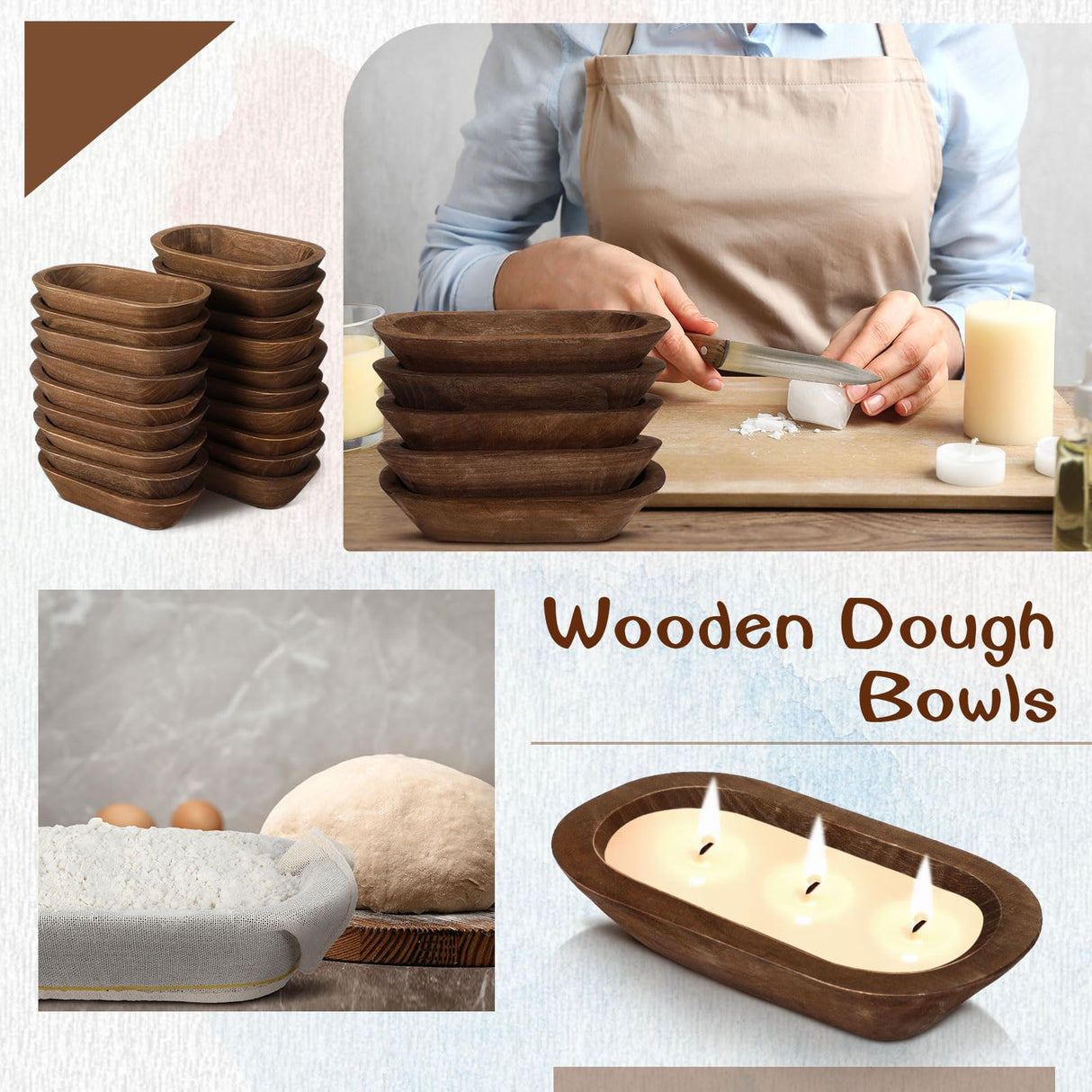 Nuogo 20 Pcs Wooden Dough Bowls Bulk 8.6 Inch Rustic Vintage Hand Carved Wood Dough Bowls Dining for DIY Home Crafts Making Farmhouse Fruits Supplies Nuogo
