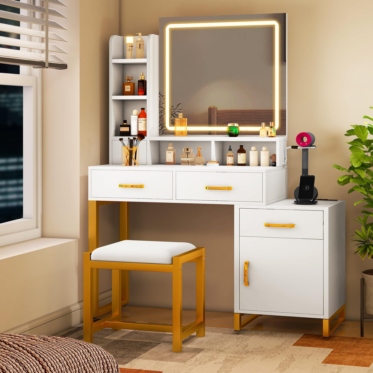 YITAHOME Vanity Desk with Mirror and Lights, Makeup Vanity Table with Power Outlet, Drawers, Vanity Table Set, 3 Lighting Modes Brightness Adjustable, Bedroom (White) YITAHOME