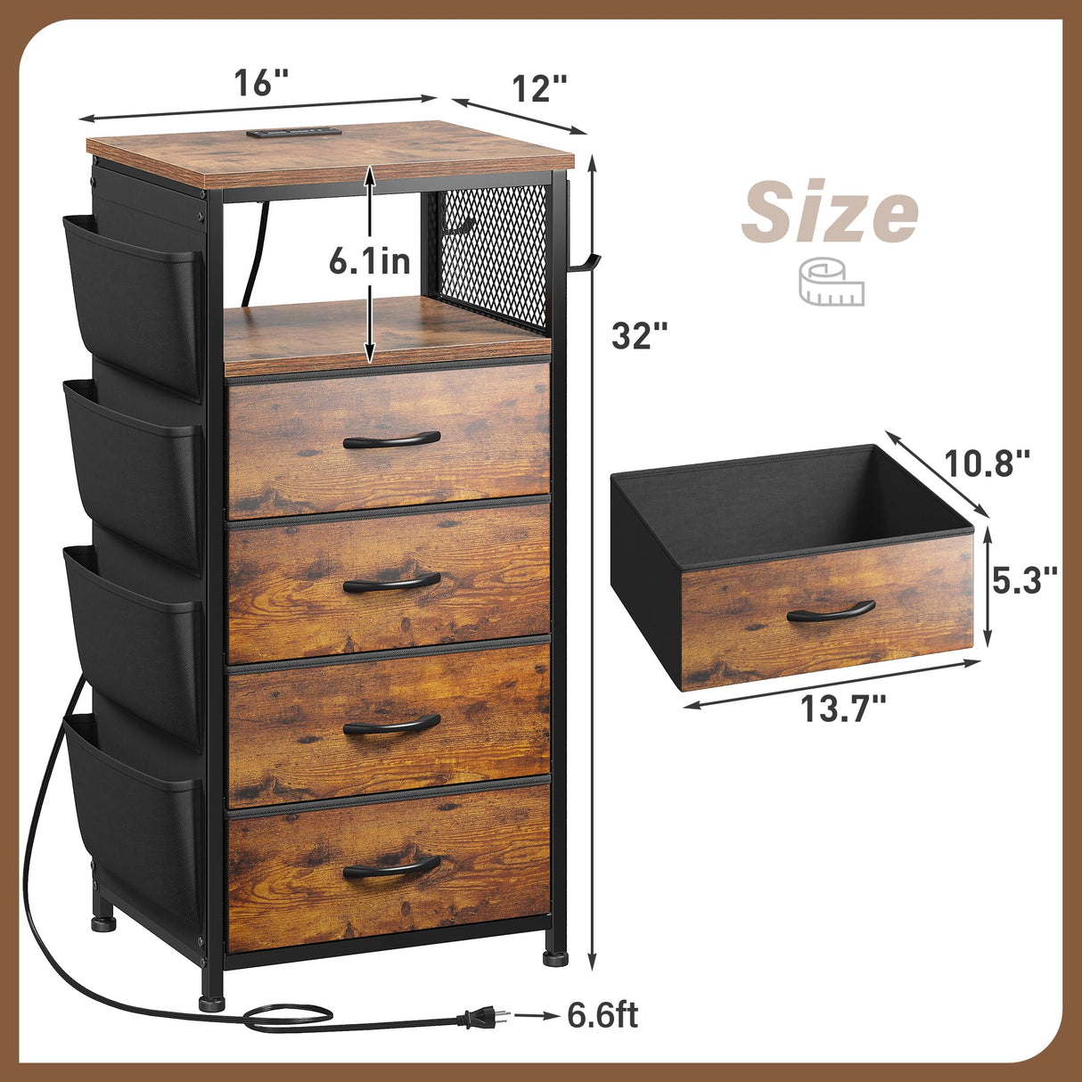 Dresser for Bedroom with Charging Station & LED Lights, 4 Storage Drawers with Side Pockets, Dressers & Chests of Drawers, Fabric Dresser Organizer Unit for Bedroom, Closet, Hallway, Entryway, Brown EnHomee
