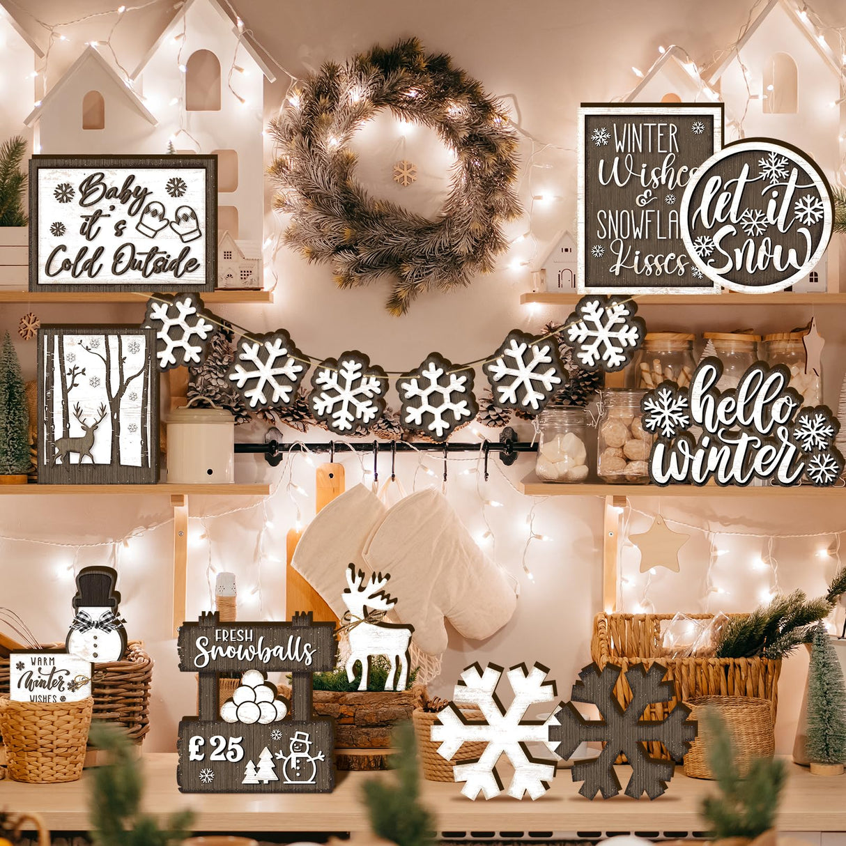 17 Pcs Chiristmas Tiered Tray Decor Winter Snowman Tiered Decorations Set Snowflake Reindeer Table Centerpieces Decor Winter Wooden Signs Table Decoration Without Tray for Farmhouse Party Funnymoom