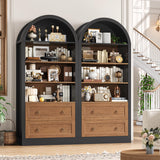 FINETONES 70" Tall Arched Bookcase with Drawers, 6-Tier Arched Cabinet with Open Display Shelves, Farmhouse Wooden Bookshelf Storage Cabinet for Living Room, Home Office (Black/Brown) FINETONES