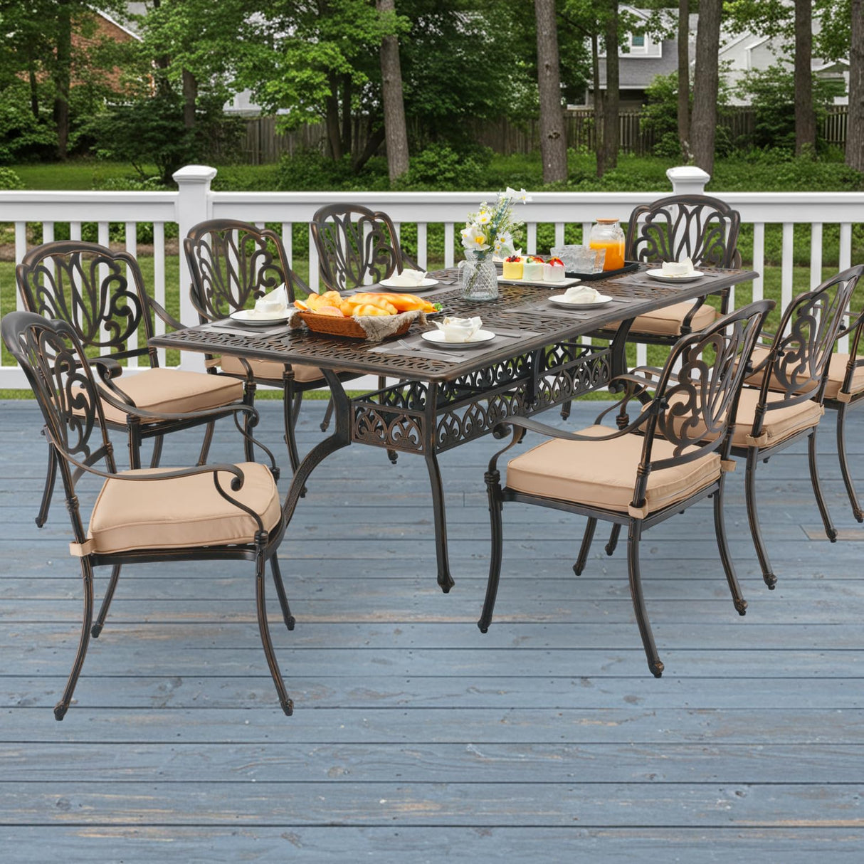 AIWOEN 9-Piece Cast Aluminum Patio Furniture, Outdoor Dining Sets for 8 Include 87" Rectangular Patio Dining Table and 8 Stackable Chairs with Cushions & Umbrella Hole (Bronze) AIWOEN