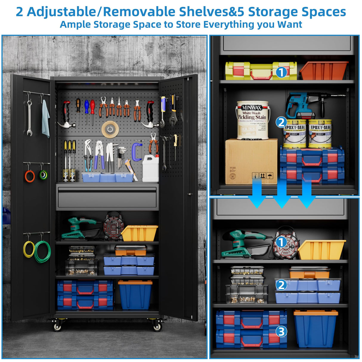 GLADIW Garage Storage Cabinet with Wheels, Metal Storage Cabinet with 1 Drawers and 2 Adjustable Shelves, Lockable Storage Cabinet with Pegboards for Homes, Offices, Kitchens, Schools and Pantries GLADIW