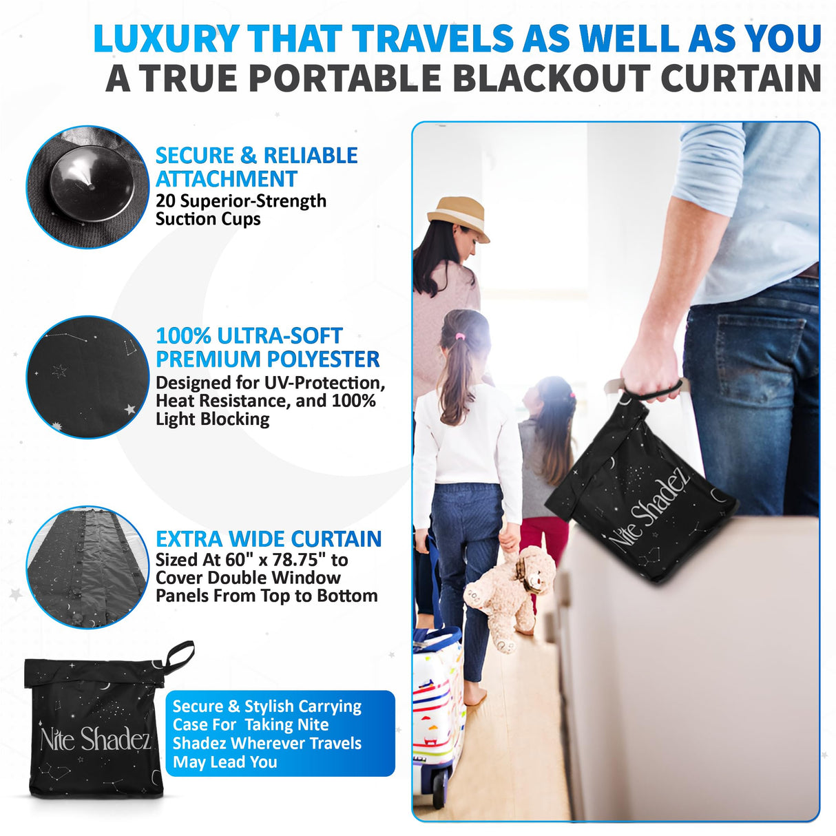 Portable Blackout Curtains (60" x 80") - Travel Blackout Curtains for Baby Nursery w/Stars - Portable Blackout Shades w/UV & Thermal Protection - 20 Stick on Suctions & Velcro Blackout Window Cover Nite Shadez