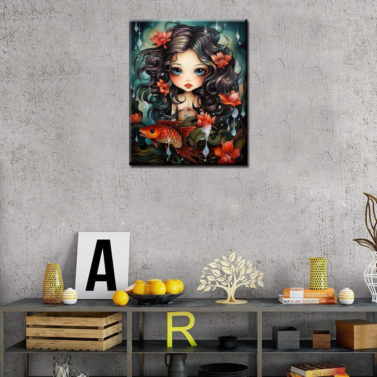 Fashion Girl with Fish Paint by Numbers Kits with Brushes Underwater World Sealife Acrylic Oil Painting for Adults Kids Tropical Flowers Pictures Craft 16''x20" inch Room Decor Boho Gift (Frameless) TUMOVO