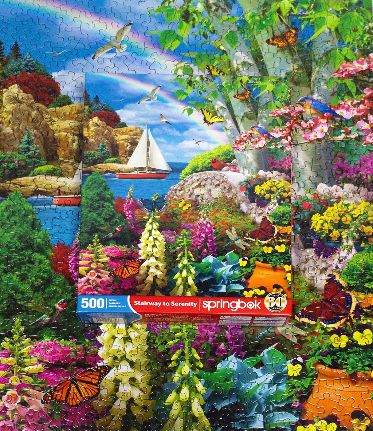 Springbok Stairway to Serenity 500 Piece Jigsaw Puzzle for Adults by Arist Alan Giana - Colorful Garden by The Ocean - Finished Size 23.5" x 18" Springbok