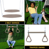 Sportspower Roswell Wooden Swing Set: Play Fort, Bench with Table, Sandbox, Trapeze, and 8' Slide - Black, Green and White Sportspower