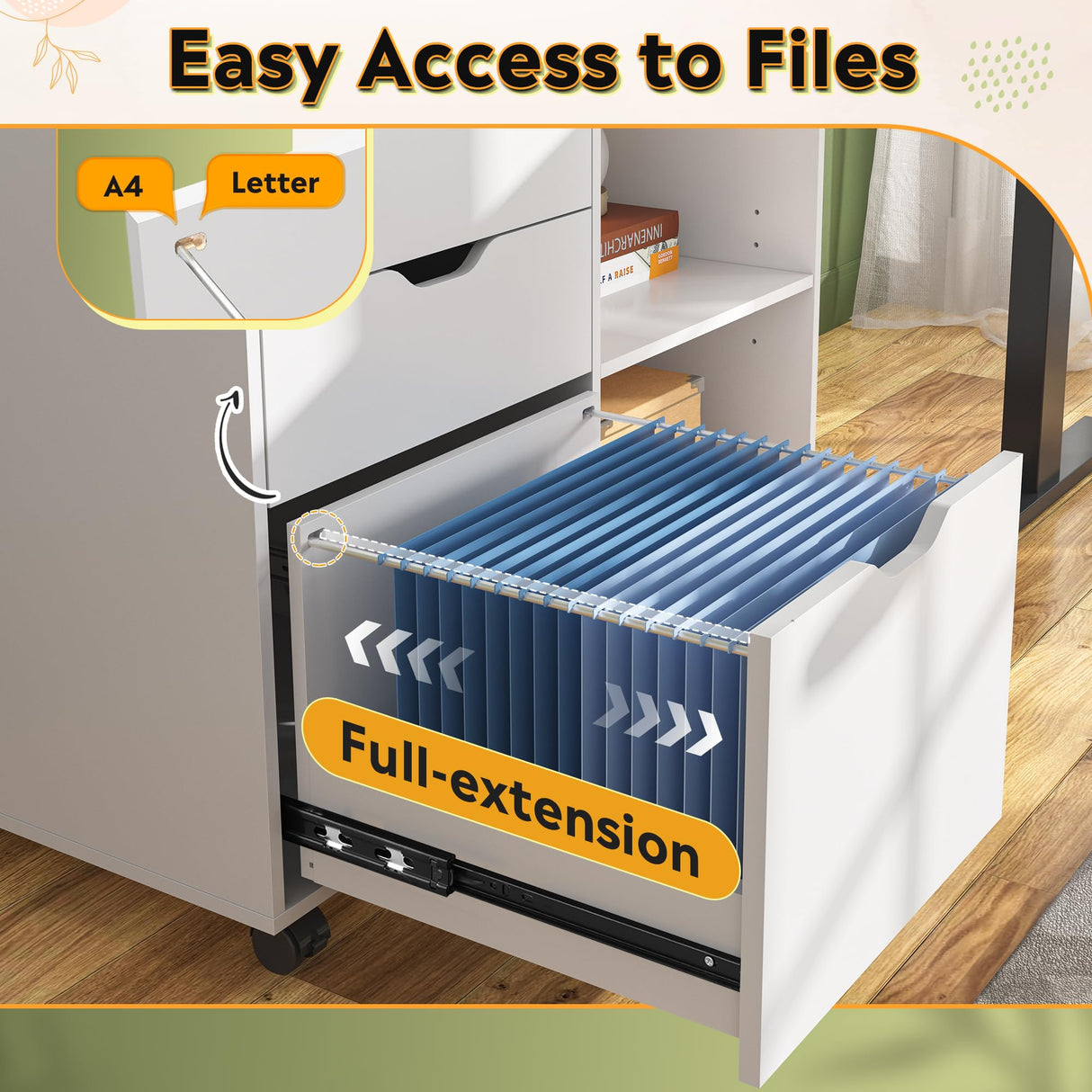 DEVAISE 3-Drawer Wood File Cabinet, Mobile Lateral Filing Cabinet, Printer Stand with Open Storage Shelves for Home Office, White DEVAISE