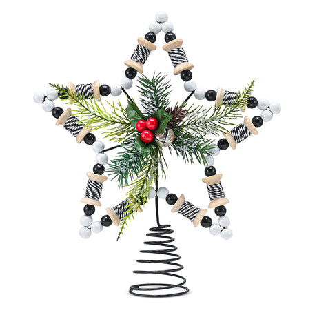 Ornativity Rattan Star Tree Topper – Christmas Farmhouse Decor Wooden Beads Rustic Tree Topper with Holly Mistletoe and Berry Wood Bead Trees Top Xmas Decorations 11.5" Ornativity