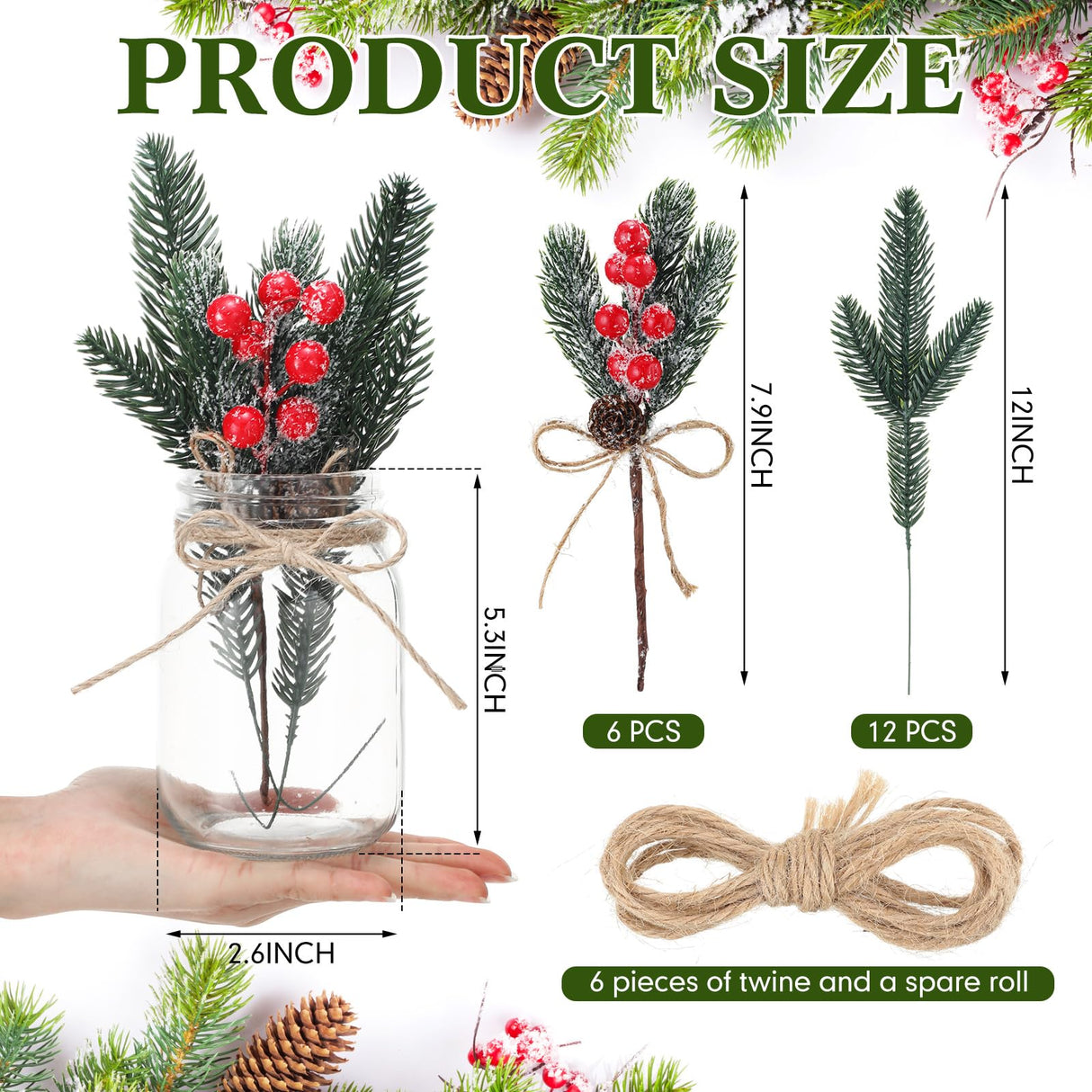 Mimorou 6 Sets Christmas Mason Jars Christmas Centerpieces for Tables Pine Cones & Red Berry, Farmhouse Decor Kitchen Table Decor Coffee Table Kitchen and Room Mimorou