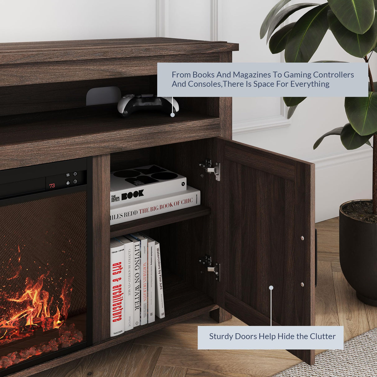 BELLEZE Barn Door Wood Electric Fireplace TV Stand for TVs up to 65 Inches Open Shelves and Cabinets Media Entertainment Center Console Table - Corin (Dark Walnut) BELLEZE